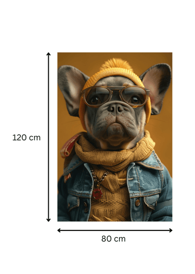 Impression artistique sur toile de 120x80 cm montrant un bouledogue hipster en look hivernal. Idéal pour une déco murale originale et urbaine.