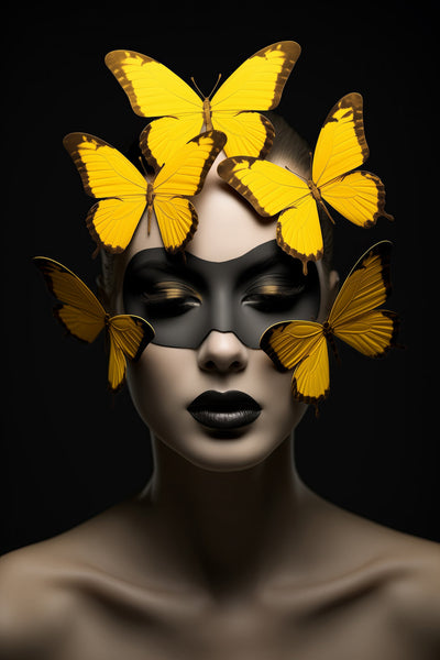 Portrait artistique Reine Silencieuse avec visage féminin masqué et papillons dorés, œuvre contemporaine symbolique en noir et or.