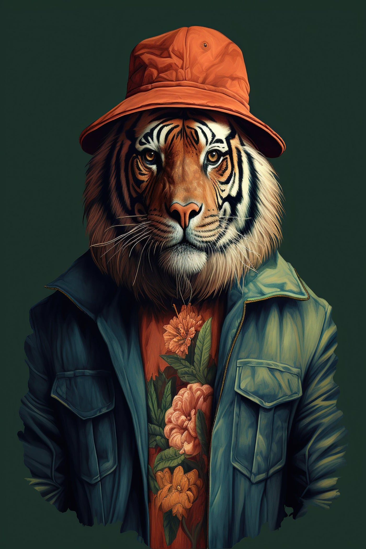 Tigre au chapeau orange sur fond vert foncé, vêtu d'une veste utilitaire et d'un t-shirt fleuri, dans un style art contemporain animalier.