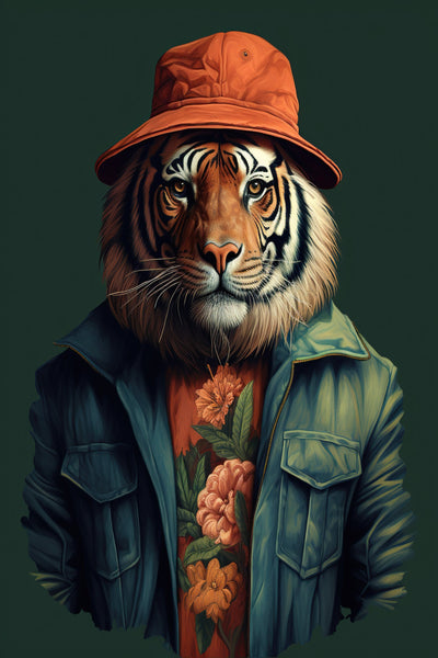 Tigre au chapeau orange sur fond vert foncé, vêtu d'une veste utilitaire et d'un t-shirt fleuri, dans un style art contemporain animalier.