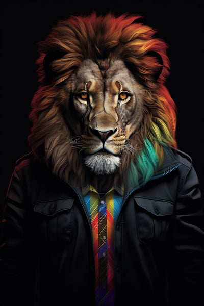 Art contemporain d’un lion royal à la crinière multicolore, vêtu d’une veste noire et cravate vive, intitulé 'Le Roi Moderne'.