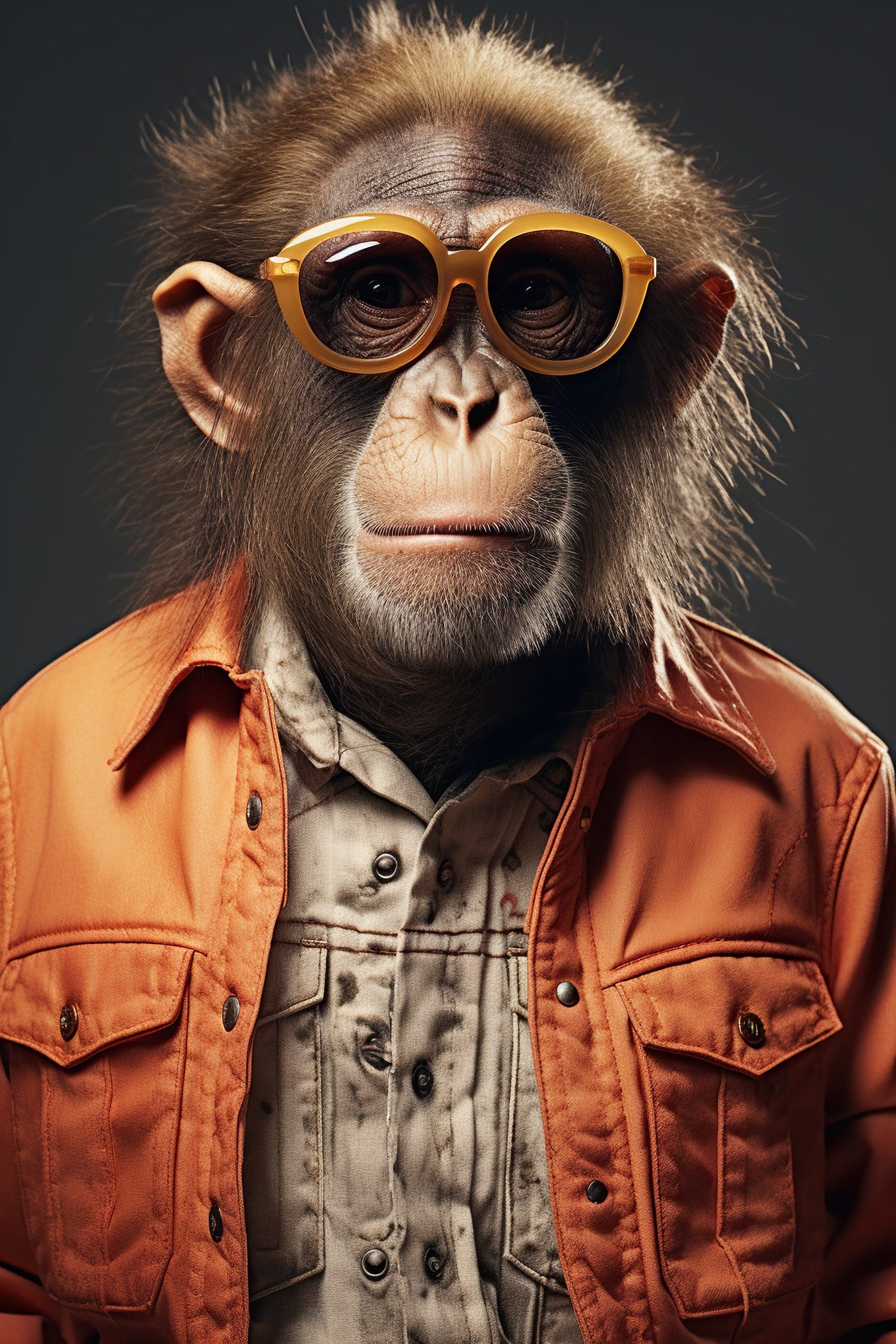 Portrait artistique 'Style Vintage' d’un chimpanzé en lunettes ambrées et veste orange, idéal pour un intérieur arty et tendance.