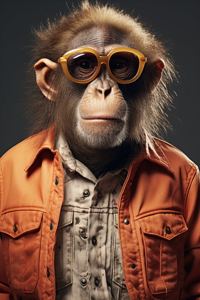Portrait artistique 'Style Vintage' d’un chimpanzé en lunettes ambrées et veste orange, idéal pour un intérieur arty et tendance.