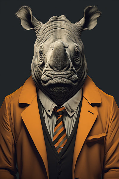 Impression artistique sur toile d’un rhinocéros en costume orange et cravate rayée, style portrait animalier élégant pour décoration murale.