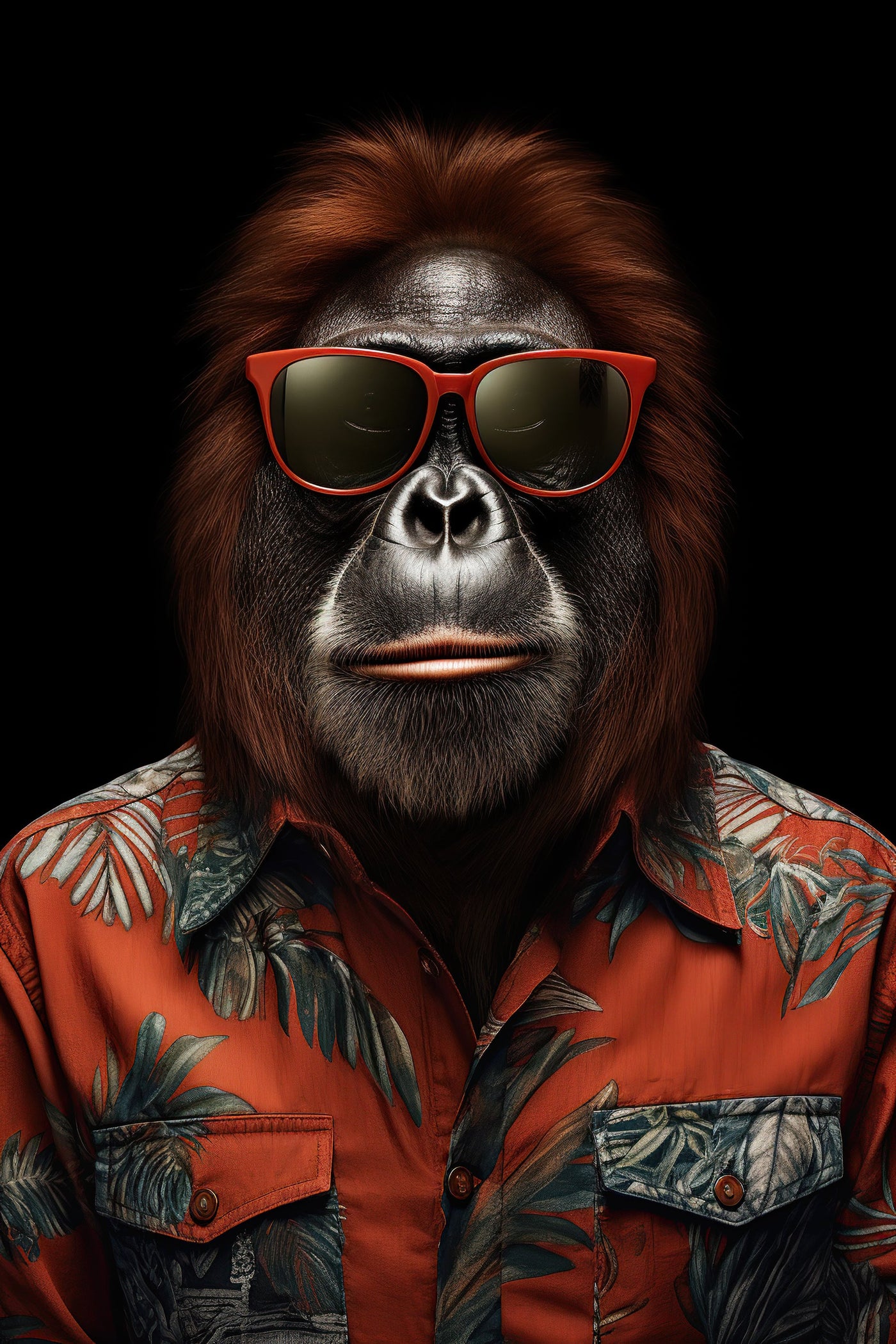 Orang-outan à lunettes rouges et chemise tropicale sur fond noir, œuvre 'Fashion Week' en art contemporain. Idéal pour une déco audacieuse et humoristique.