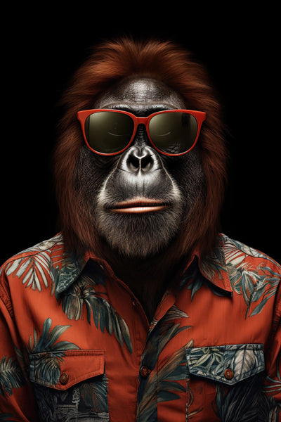 Orang-outan à lunettes rouges et chemise tropicale sur fond noir, œuvre 'Fashion Week' en art contemporain. Idéal pour une déco audacieuse et humoristique.