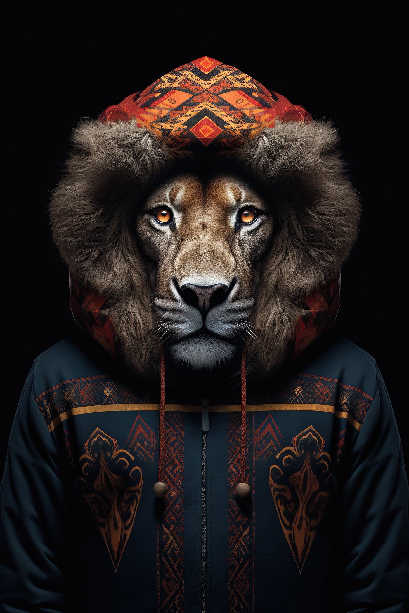 Portrait animalier d’un lion en manteau à motifs ethniques sur fond noir. Tableau art tribal puissant et symbolique pour décoration murale.