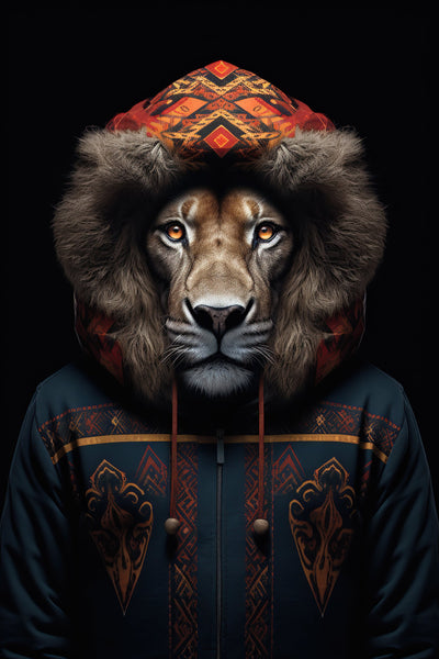 Portrait animalier d’un lion en manteau à motifs ethniques sur fond noir. Tableau art tribal puissant et symbolique pour décoration murale.