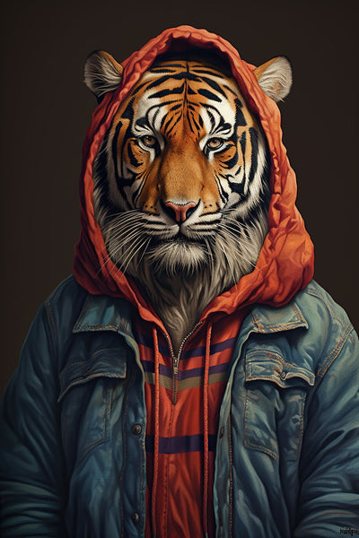 Impression artistique sur toile représentant un tigre humanisé en hoodie et veste en jean, style art urbain et contemporain.