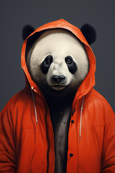 Portrait animalier d’un panda en veste orange, œuvre 'Urban Bambou' au style streetwear, idéal pour une touche d’art urbain.