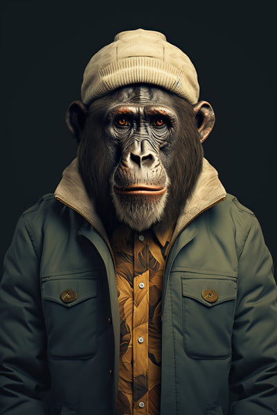 Portrait expressif d’un chimpanzé en bonnet beige et veste verte, issu du tableau 'Penseur Urbain' au style urbain et réfléchi.