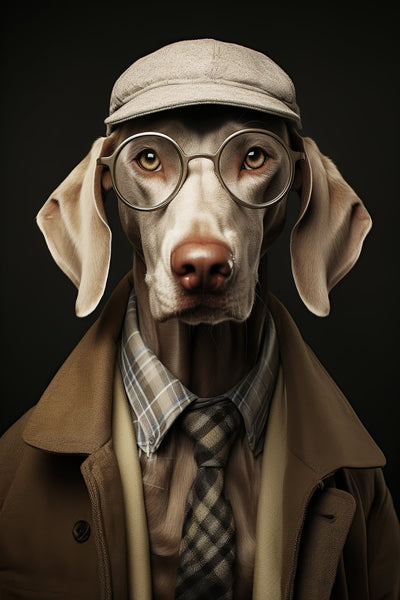Portrait animalier 'Chien élégant à lunettes' en tenue vintage avec trench-coat et casquette. Tableau humoristique et raffiné pour bureau ou salon.
