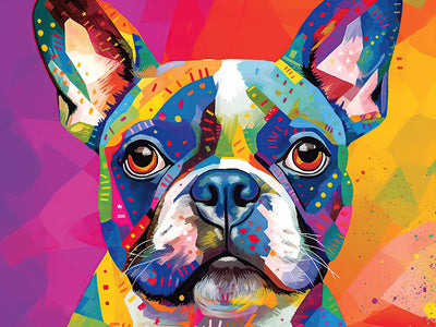 Portrait graphique de bouledogue français en style pop art, aux couleurs vives et contrastées, idéal pour une décoration murale contemporaine.