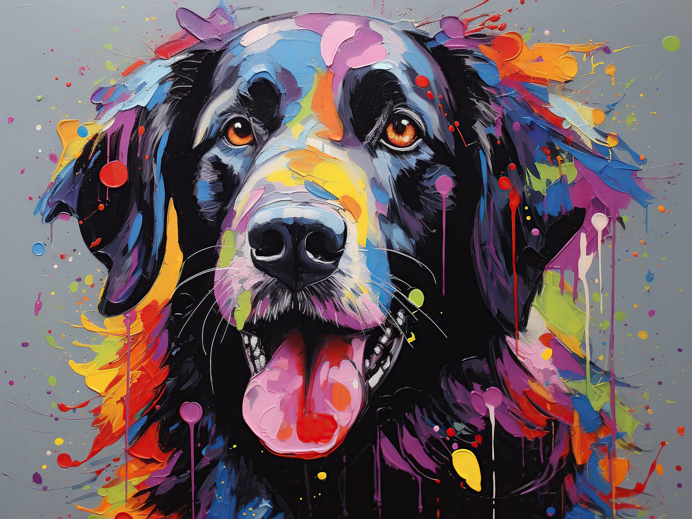 Portrait artistique d’un Border Collie aux couleurs vives et éclatantes sur fond gris. Œuvre contemporaine idéale pour une déco murale joyeuse.