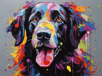 Portrait artistique d’un Border Collie aux couleurs vives et éclatantes sur fond gris. Œuvre contemporaine idéale pour une déco murale joyeuse.