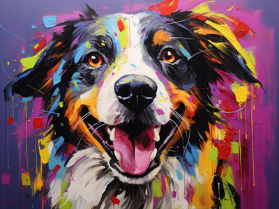 Portrait expressif d’un Border Collie heureux en style art pop, éclaboussé de couleurs vives sur fond violet vibrant.