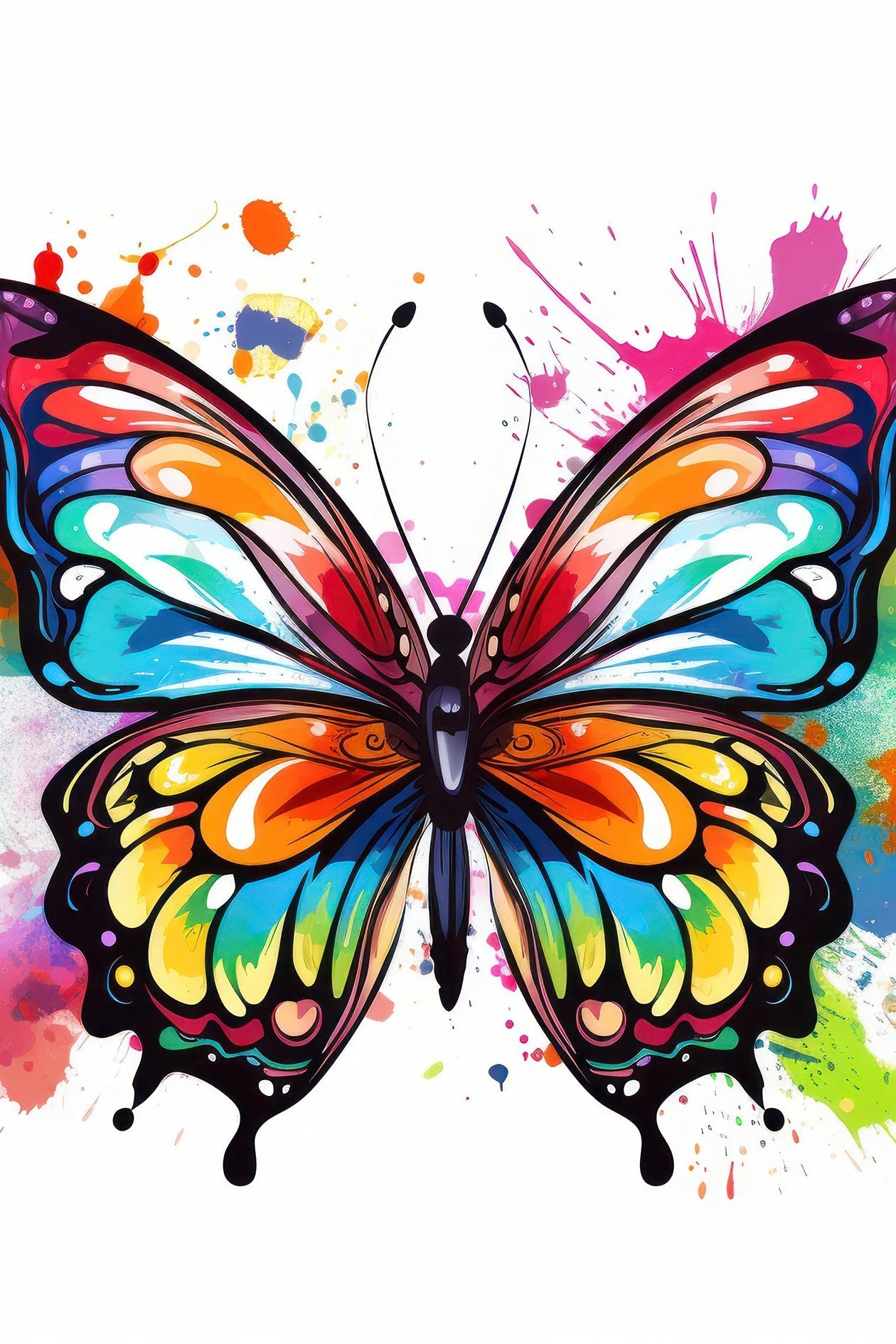 Métamorphose – impression artistique sur toile représentant un papillon multicolore éclatant sur fond de peinture éclaboussée moderne.