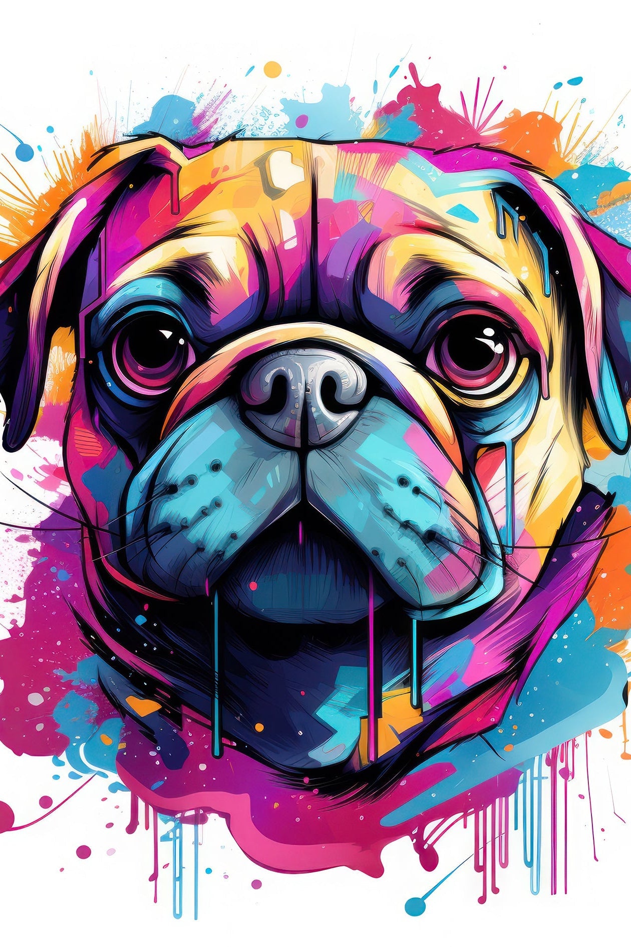 Carlin Pop Art Coloré - Tableau Art Contemporain représentant un portrait de carlin en style graffiti avec éclaboussures vives et énergie urbaine.