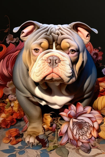 Gardien Floral – Portrait réaliste d’un bouledogue anglais entouré de fleurs éclatantes, combinant art animalier et art floral.