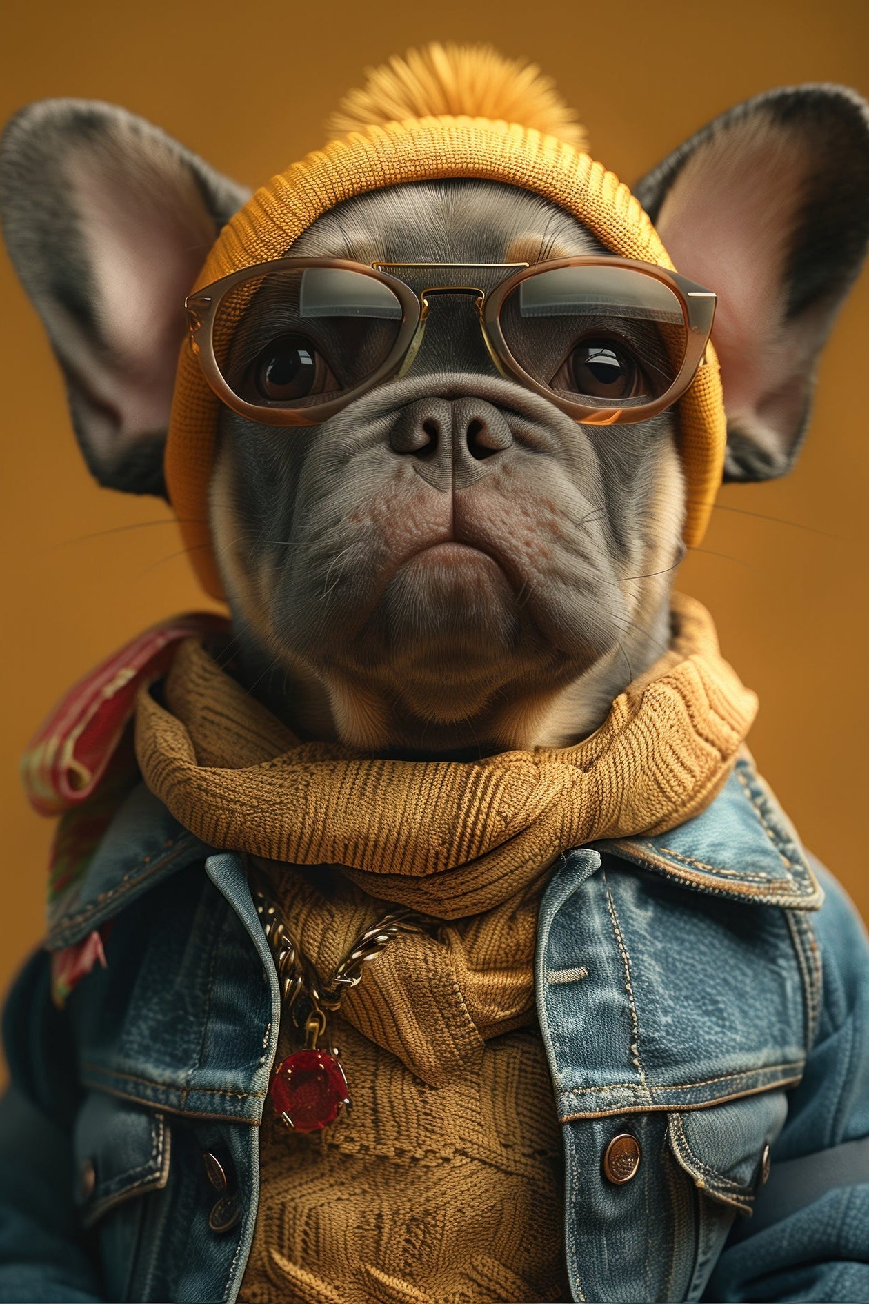 Portrait hyperréaliste d’un bouledogue français avec bonnet moutarde, lunettes et veste en jean. Tableau urbain chic pour décoration intérieure.