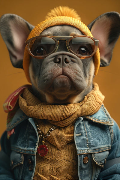 Portrait hyperréaliste d’un bouledogue français avec bonnet moutarde, lunettes et veste en jean. Tableau urbain chic pour décoration intérieure.