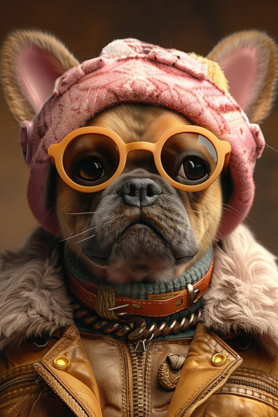 Bouledogue Street Art - Tableau Art Urbain montrant un portrait détaillé d’un bouledogue avec lunettes orange, bonnet rose et blouson en cuir.