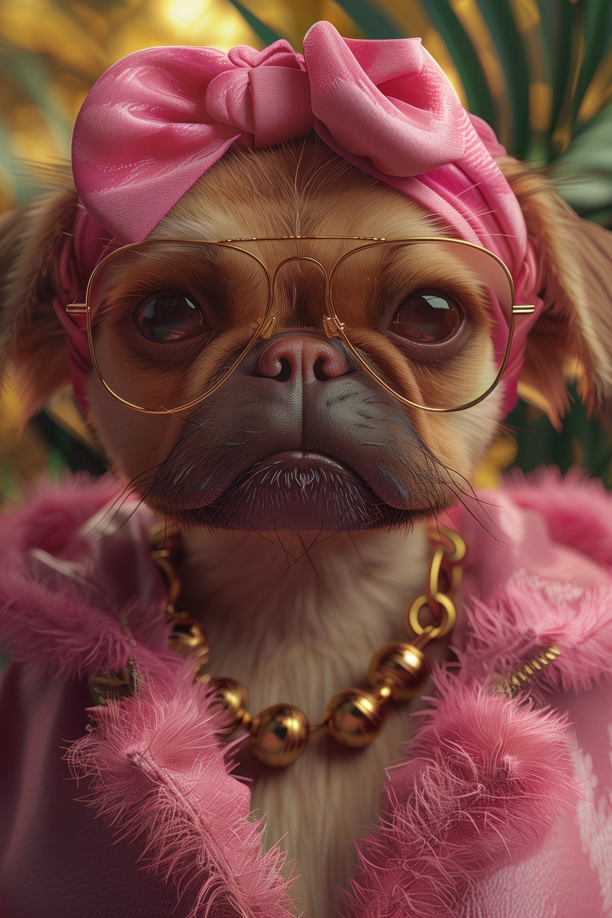 Portrait glamour d’un bouledogue français en accessoires roses, tableau pop chic et audacieux de la collection 'Diva Canine'.
