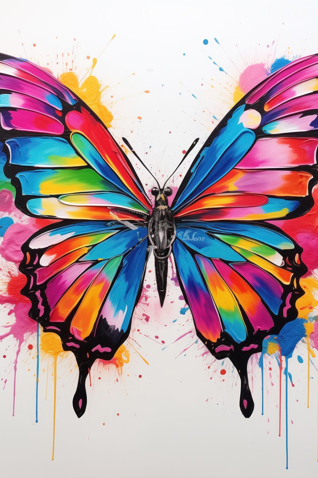 Envol Chromatique – Impression artistique sur toile représentant un papillon multicolore éclatant sur fond blanc, style art contemporain vibrant.
