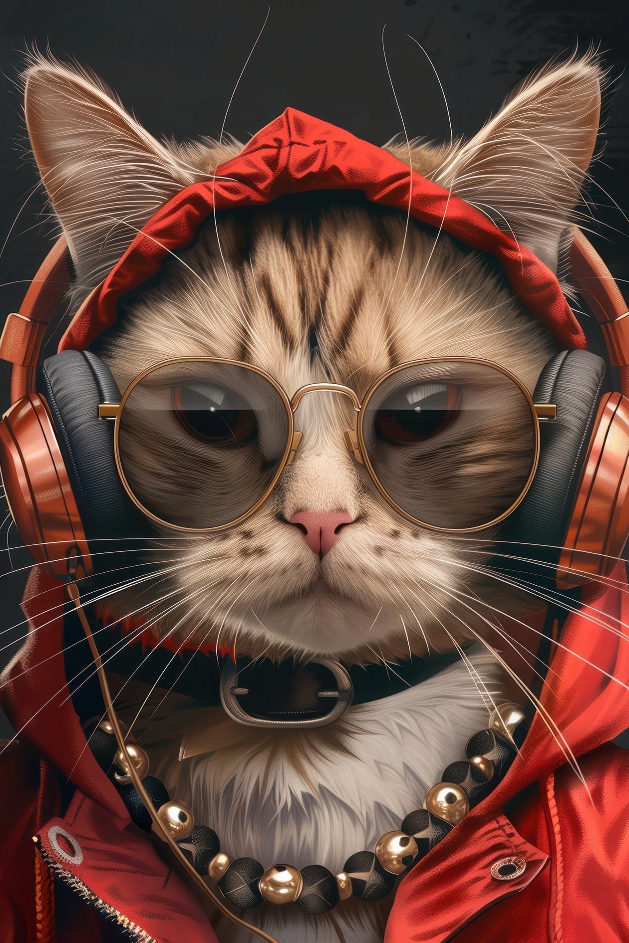 Gros plan du tableau 'Mélodie Féline' montrant un chat félin urbain avec lunettes, casque audio doré et veste rouge, style art contemporain.