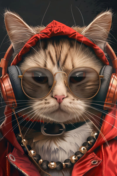 Gros plan du tableau 'Mélodie Féline' montrant un chat félin urbain avec lunettes, casque audio doré et veste rouge, style art contemporain.