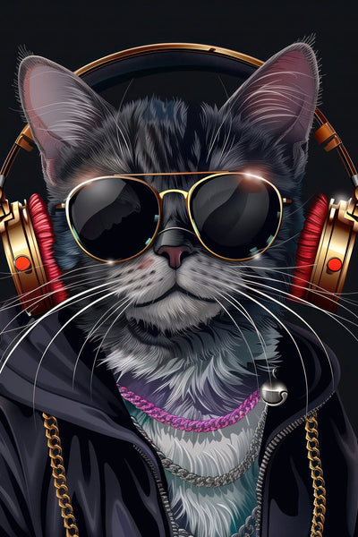 Impression artistique sur toile représentant un chat noir stylé avec lunettes, casque audio et chaînes, art contemporain urbain.