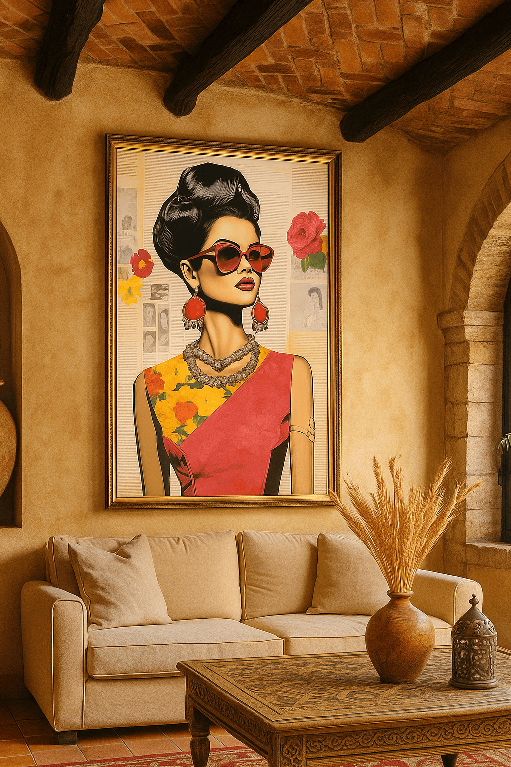 Tableau Glamour Vintage - Portrait Femme Rétro dans un salon méditerranéen, art contemporain chic pour décoration murale élégante.