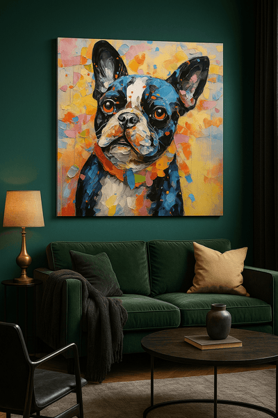 Tableau 'Bouledogue français texturé' accroché dans un salon moderne, illustrant un portrait coloré en technique palette sur fond jaune et bleu.
