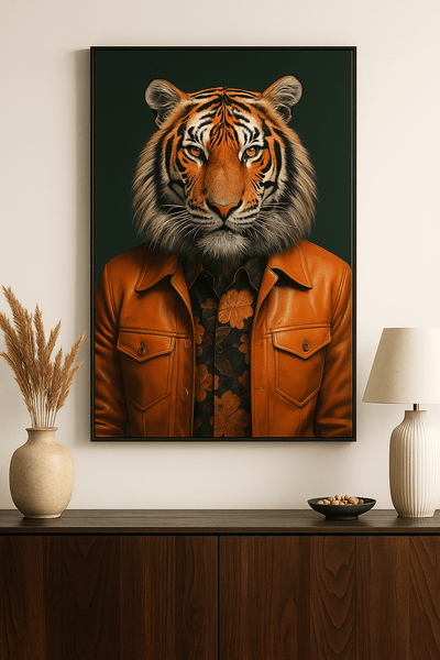 Tableau design 'Élégance Sauvage' représentant un tigre en veste orange et chemise fleurie, accroché dans un intérieur moderne et raffiné.