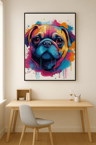 Carlin Pop Art Coloré - Tableau Art Contemporain accroché au mur dans un bureau moderne, parfait pour une décoration pop et expressive.