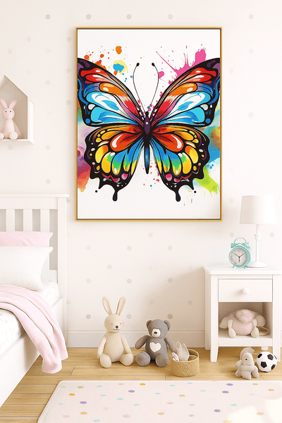 Papillon multicolore - tableau art contemporain accroché dans une chambre d’enfant, parfait pour une décoration murale vive et artistique.