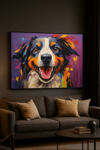 Tableau coloré Border Collie Souriant Art Pop accroché dans un salon moderne, ajoutant une touche vive à la décoration murale.