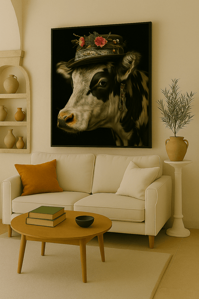 Tableau 'Héritage Pastoral – Vache au Chapeau Fleuri' accroché dans un salon moderne, parfait pour une décoration rurale et artistique.