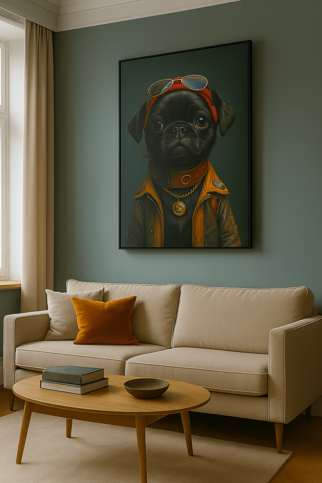 Tableau 'Carlin Sophistiqué' accroché dans un salon moderne, illustrant un carlin noir stylé en tenue urbaine chic. Élégance Canine en art mural contemporain.