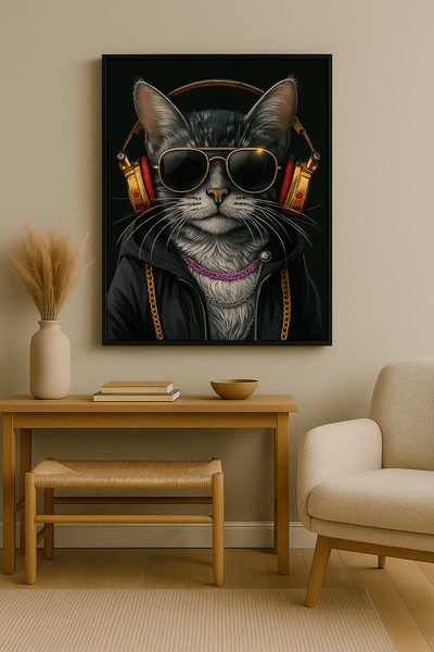 Tableau 'Harmonie Urbaine – Chat Noir aux Lunettes' accroché dans un salon moderne, parfait pour une déco jeune et tendance.
