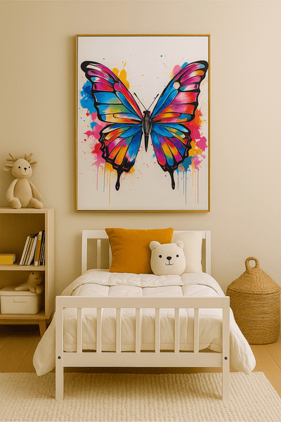 Grand Papillon Arc-en-ciel - Tableau Art Coloré accroché au mur d'une chambre d'enfant moderne, apportant une touche vive et poétique à la décoration.