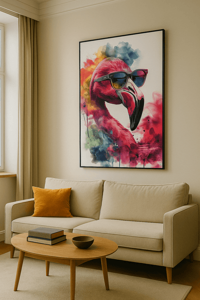 Tableau Tropical Chic – Impression artistique sur toile représentant un flamant rose pop-art avec lunettes, accroché dans un salon moderne.