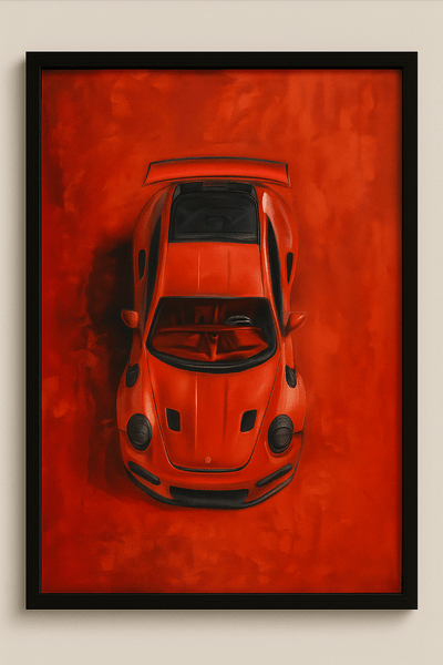 Tableau 'Passion Ardente – Porsche Rouge' encadré, représentant une supercar vue de dessus sur fond rouge intense. Art contemporain minimaliste idéal pour déco luxe.