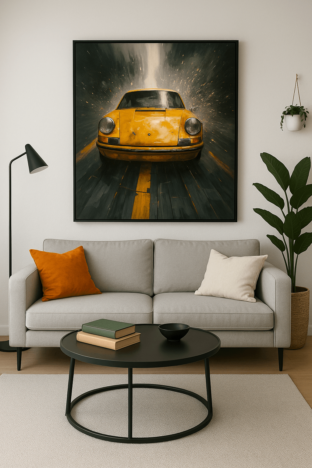 Tableau 'Vitesse Urbaine – Porsche Jaune' accroché au-dessus d’un canapé moderne, art expressionniste pour décoration masculine élégante.