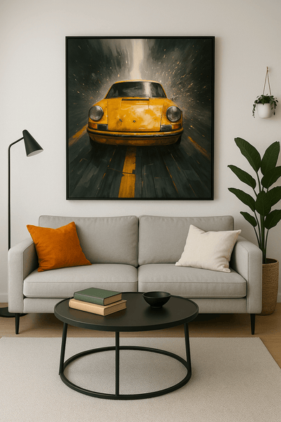 Tableau 'Vitesse Urbaine – Porsche Jaune' accroché au-dessus d’un canapé moderne, art expressionniste pour décoration masculine élégante.