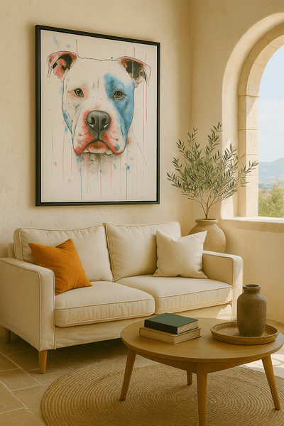 Tableau 'Expression Américaine – Pitbull Coloré' accroché dans un salon lumineux, ajoutant une touche d’art expressionniste moderne. Idéal pour une déco audacieuse et contemporaine.