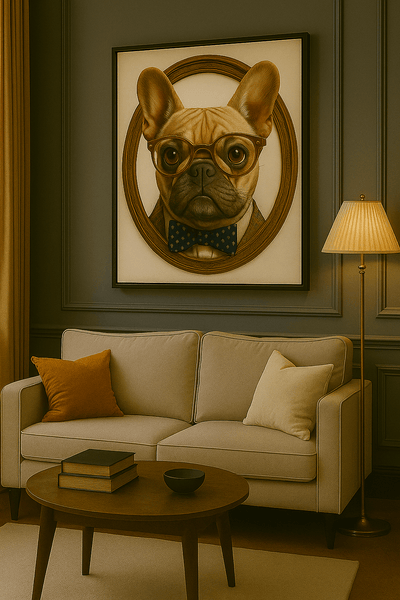Tableau encadré 'Académie Canine - Bouledogue à Lunettes' accroché dans un salon élégant, parfait pour une décoration murale chic et originale.