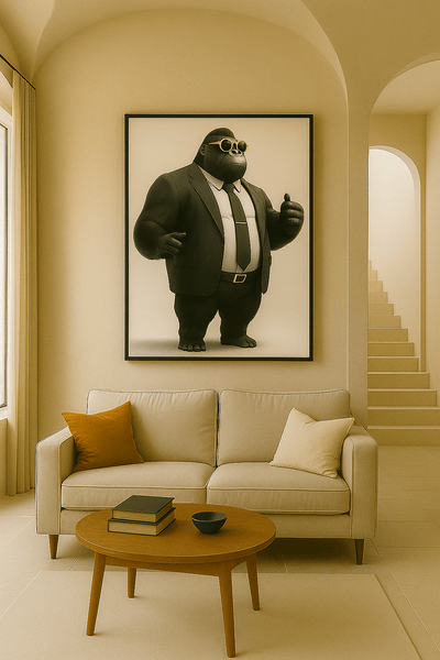 Tableau 'Executive Vision – Gorille en Costume' accroché dans un salon moderne, parfait pour une décoration murale contemporaine et audacieuse.