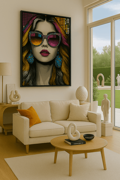 Spectre Chromatique - Visage Féminin Coloré - Art Contemporain accroché dans un salon moderne, ajoutant une touche vibrante et audacieuse à la déco.