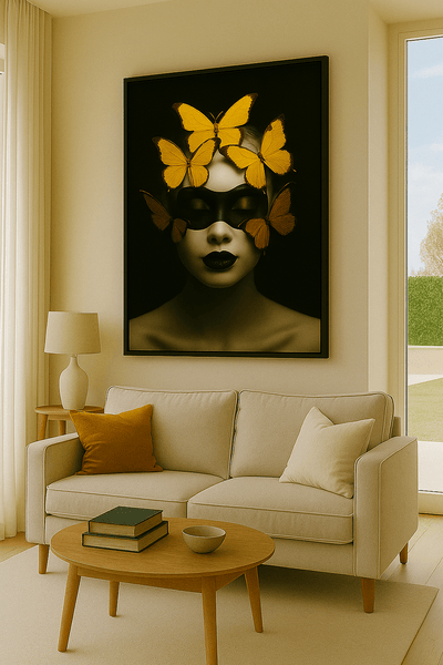 Tableau Reine Silencieuse - Visage aux Papillons Dorés accroché dans un salon moderne, art contemporain noir et or pour décoration murale élégante.